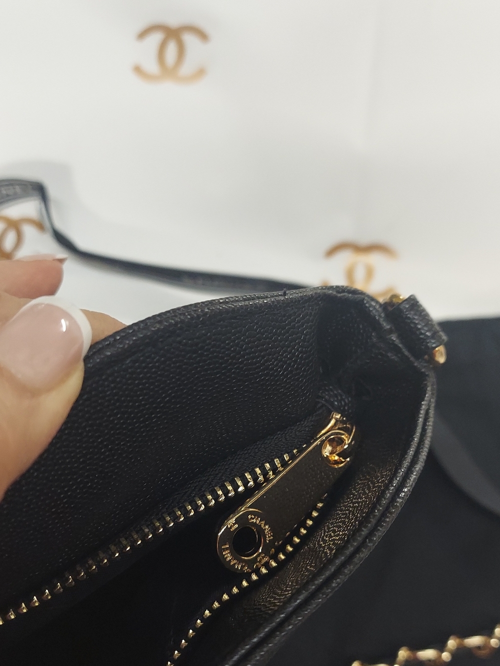 Black Quilted Caviar Leather Branded Crossbody with Gold CC Hardware - Picture 4 of 7